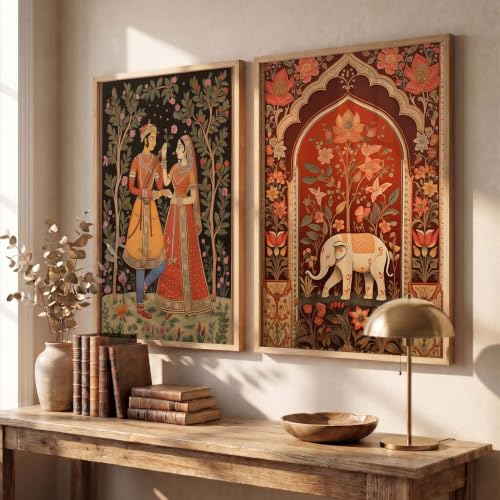 Image of kotart Traditional Indian Wall Art Painting Set of 2 | Rajasthani Folk Couple & Elephant Floral Design | MDF Wooden Framed Wall Decor for Living Room, Bedroom & Home (Art 1, 20x30 Inch)