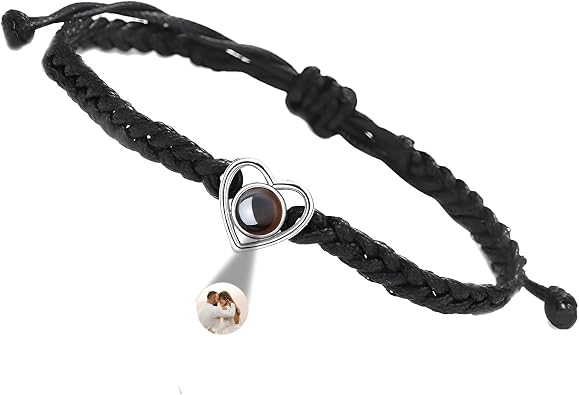 Photo Bracelet With Heart Shape Pendant - Customized Picture Projection for Birthday, Anniversary, Mothers Day, Memorial Gifts - Personalized Inside