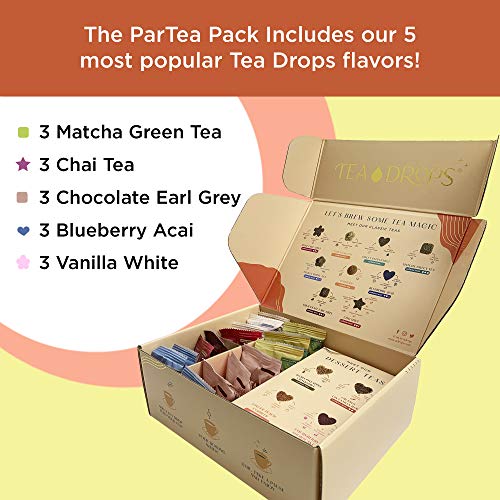 Organic Loose Leaf Tea | Tea Drops 15 Party Pack Instant Tea Sampler | 3 of Each Matcha Green Tea,Chai Tea, Rose Earl Grey, Blueberry Acai & Vanilla White | Lightly Sweetened, Delicious Hot or Iced - Thumbnail 3