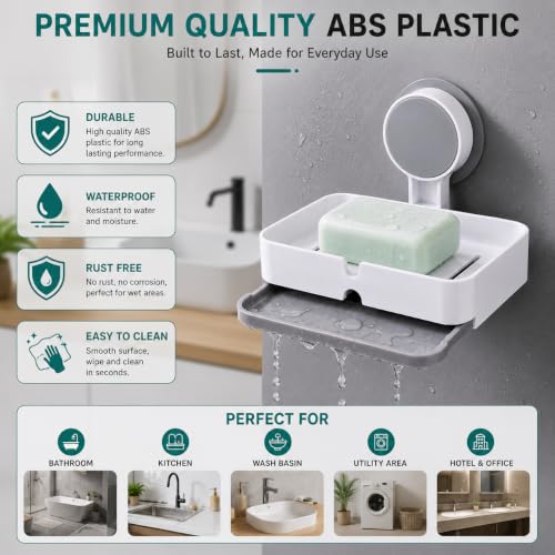 Image of Zollyss Self Adhesive Soap Holder for Bathroom & Kitchen | No Drill Wall Mounted Soap Dish with Drain Tray | Waterproof ABS Plastic