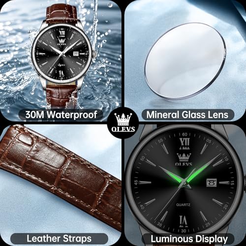 Image of OLEVS Men Leather Watches Classic Quartz Large Dial Easy Read Waterproof