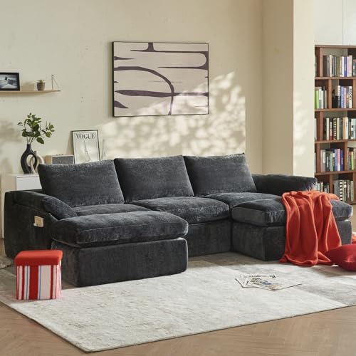 Vamcheer Ecksofa mit Schlaffunktion (Vollschaum) - 3 Sitzer Modulares Boneless Big Sofa XXL, Cloud Couch U Form für Wohnzimmer, Groß Schlafsofa, Moderne Schlafcouch Eckcouch Grau