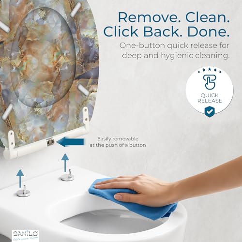 Image of Sanilo Wooden Toilet Seat with Quick Release & Soft Close [ROUND] - Decorative & Slow Close Molded Wood Seat - With One Click for Easy Installation & Cleaning - With Adjustable Fit (Marble Brown)