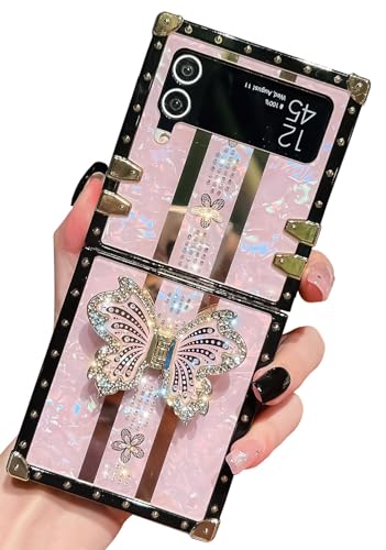 HALATUA Cute Compatible with Samsung Galaxy Z Flip 3/Z Flip 4 Case, Luxury Bling Butterfly Foldable Stand Kickstand for Women & Girls, Flexible Shockproof Protective Case for Z Flip 3/4 6.7