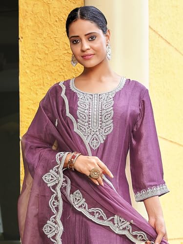 Image of INDO ERA Women's Embroidered Silk Blend Calf Length Straight Kurta Trouser with Dupatta Set (IEOUT7325 Parent)