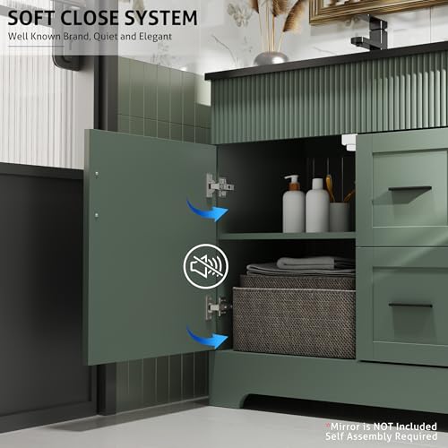 Image of eclife 48 inch Bathroom Vanities Sink Combo with Painted Surface, Modern Drawered Cabinet W /Decorative Wave Lines, Undermount Double Black Sink, Matte Black Faucet Drain, Gray Green