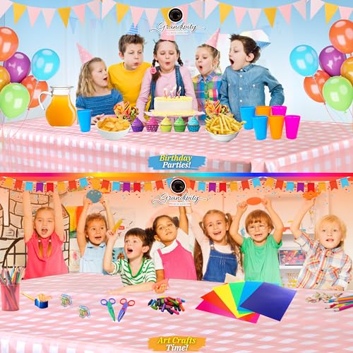 Image of Grandipity Plastic Table Cloth Disposable 12 Pack 54 inch x 108 inch Rectangle | Pink Gingham Plastic table covers, durable disposable tablecloths, fade and tear-resistent table cover for party, event