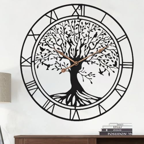 Grand Arbre de Vie Horloge Murale en Métal Noir - Décoration d'Intérieur Salon Avec Chiffres - Silencieuse du Milieu du Siècle - Moderne Arbre Familial