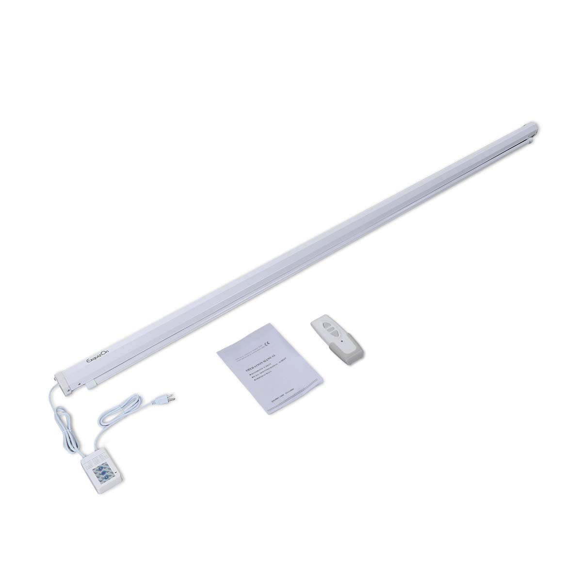 ExquizOn Motorized Projector Screen package contents including screen, remote, and manual