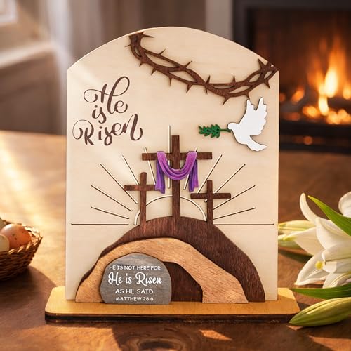 MAYVORO He is Risen Easter Resurrection Decor - Easter Decorations for Home - Empty Tomb Religious Resurrection Set Decoration for Table Desk Home Religious Easter Decorations