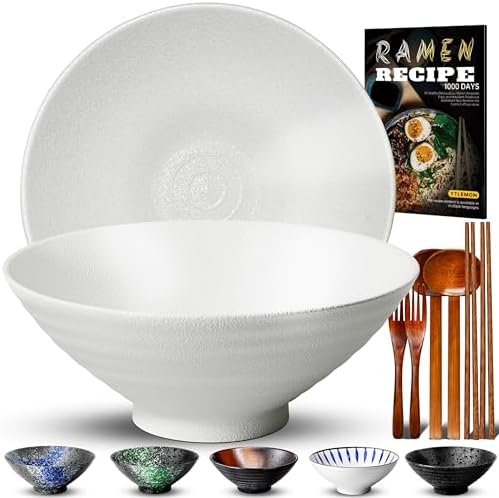 8-Inch Ceramic Ramen Bowl Set of 2 (9 Piece) - Porcelain Japanese Salad Noodles Cereal Fruit Pasta Soup Large Bowls with Recipes Chopsticks Forks Spoons for Men Women Gift Microwave & Dishwasher Safe