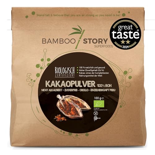 BAMBOO STORY | Bio Kakaopulver roh 100 g | Great Taste Award | Ohne Zuckerzusatz | 100% Peru (Single Origin) Criollo | Nicht alkalisiert | 18% Fett
