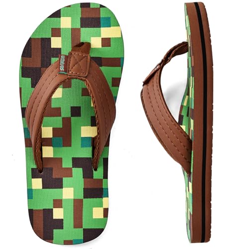WateLves Kids Flip Flops Boys Girls Sandals Youth Big Kids Summer Slip on Thong Slide Sandals for Beach Pool Shower(Brown/Green,33)