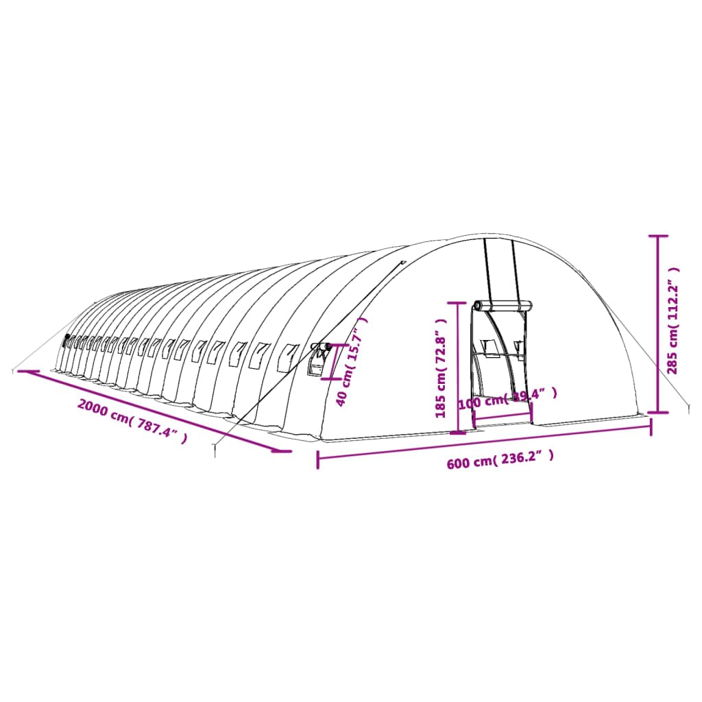 Szklarnia ze stalową ramą, biała, osłona foliowa PE 20 x 6 x 2,85 m, 120 m², ocynkowana, z zwijanymi drzwiami i oknami bocznymi, do uprawy warzyw, ziół