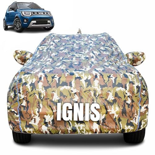 Image of 100% Waterproof Car Body Cover for Maruti Suzuki Ignis with Mirror Pocket (Heat & UV Resistant, Triple Stitched, Soft Lining, Bottom Elastic & Piping) Camouflage, Military Print