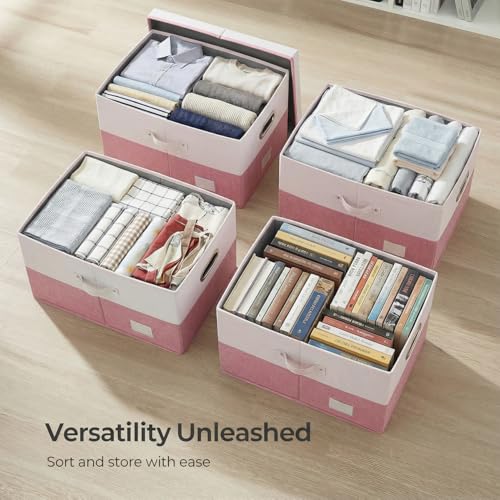 Image of PRANDOM Storage Bins with Lids [3-Pack] Linen Fabric Foldable Storage Boxes Organizer Containers Baskets Cube with Cover for Bedroom Closet Office White&Pink (23.4X15.9X11.4)