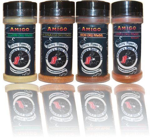 Amigo Chili Powder Gift Set – Jalapeño, Chipotle, Ancho, Aji Amarillo (4 Pack, 2 oz Each)