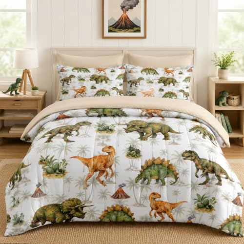 Nesker Comforter Set Twin Size Dinosaur Palm Tree5 Pcs Bedding for Kids and Adults Green Dino Palm Leaf Bed Sheet Sets with Fitted Sheet Pillowcase & Sham