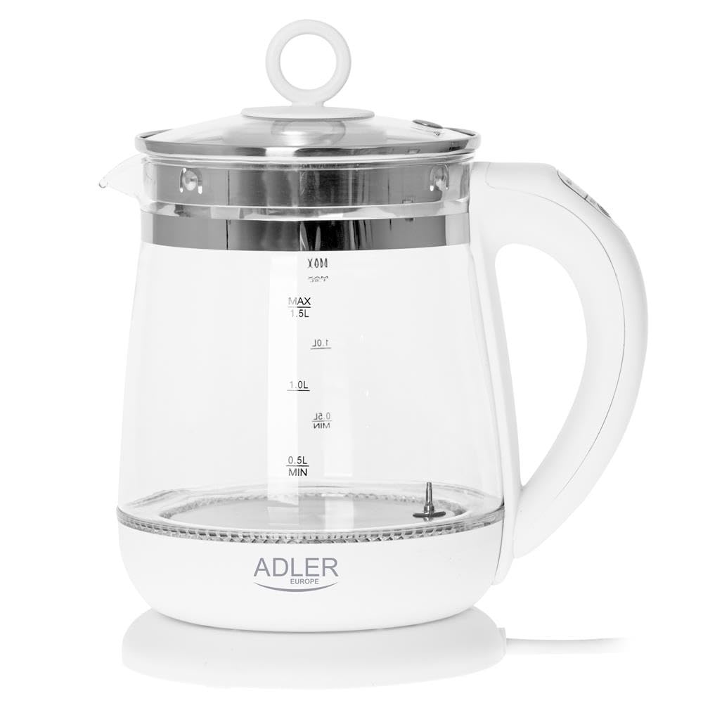 Adler AD 1299 Hervidor de Agua Eléctrico de Cristal 1,5 Litros,Infusor,Vidrio sin BPA,Retroiluminado,Regulador Temperatura 60 a 100 gradosC, Apagado Automático, Inalámbrico 360grados sin Cable, 2200W