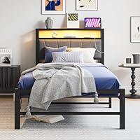 BORPHOM 3ft Single Bed Frames with Storage Headboard,Charging Station/LED Lights,Metal Upholstered Platform Bed Frame Single No Box Spring Needed,Strong Metal Slats Support/Noise Free/Grey