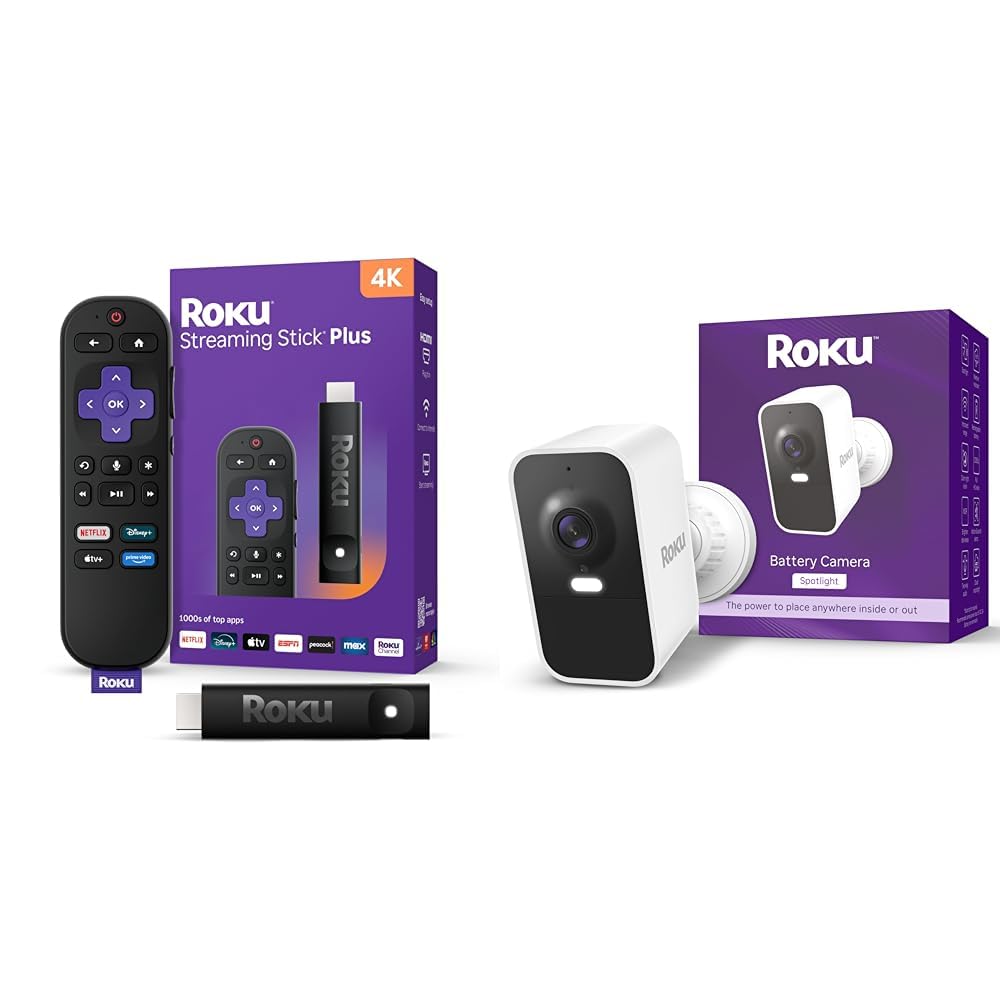 Roku Streaming Stick Plus 4K HDR TV Streaming Device with Voice Remote &amp; Roku Battery Camera 1080p HD Weather-Resistant Security Camera Bundle