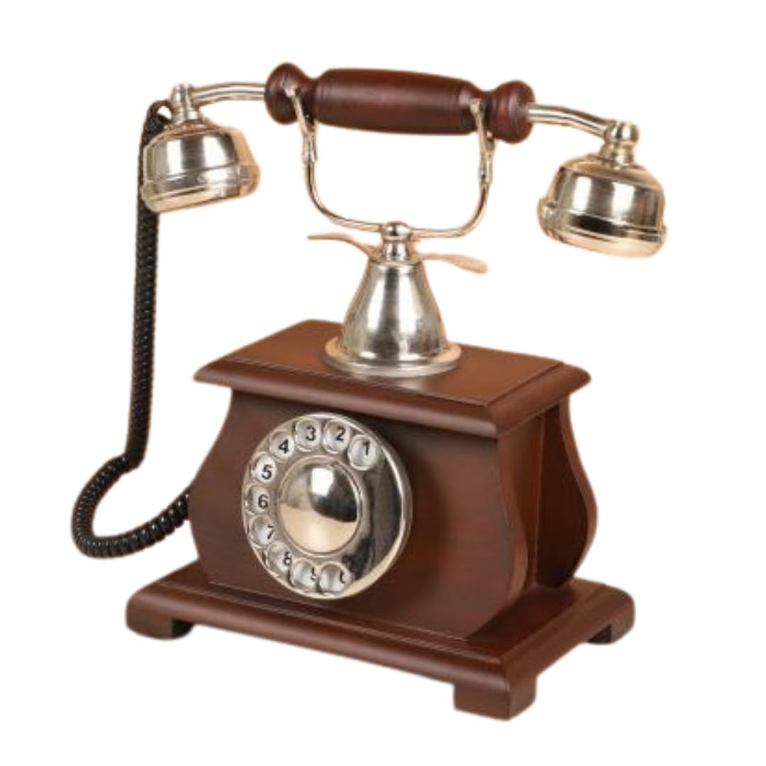 Vintage Old Classic Telephone Made Metal Antique Look Model. Made Showpiece (Non Working) Desk Decor Items. Style Rotary Dial Telephone Decor, Wooden Base with Metal Accents-image-24