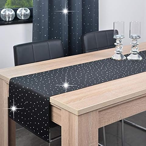 DECOOR - Camino de Mesa antisuciedad, Acabado con una Parte Trasera estética de 1 cm, Adornado con Cristales, Tejido de 200 g/m2, 100% poliéster, Negro Cover