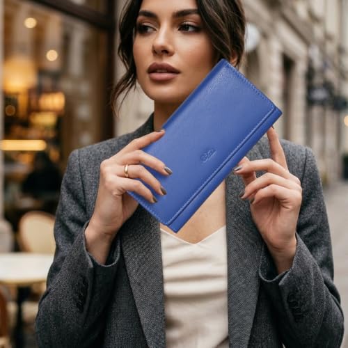 Image of Women's Top Grain Leather Wallet, RFID Blocking Bifold clutch, 17 Card Slots, Zip Pocket Organizer, Elegant Gift for Women - Birthday, Valentine, Anniversary - ROYAL BLUE