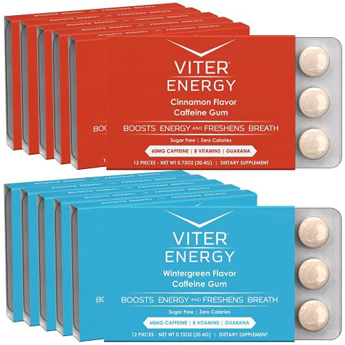 Viter Energy Caffeine Gum Wintergreen & Cinnamon 6 Pack Bundle - 60Mg Caffeine, B Vitamins, Guarana, Sugar Free Vegan Chewing Gum, Zero Calories. Nootropic Chews For Powerful Energizing Focused Boost #TOP12