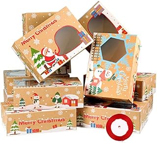 Hemoton 16pcs Christmas Cookie Boxes Kraft Paper Doughnut Candy Boxes, Christmas Treat Boxes with Clear Window, Holiday Bakery Food Container with 22m Ribbons