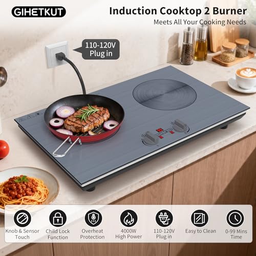 Image of GIHETKUT 2 burner Induction cooktop,110V 4000W induction hot plate with Brushed Panel,Knob Control,9 Power Levels, Kids Lock & Timer,LED touch control 2 burner induction cooker