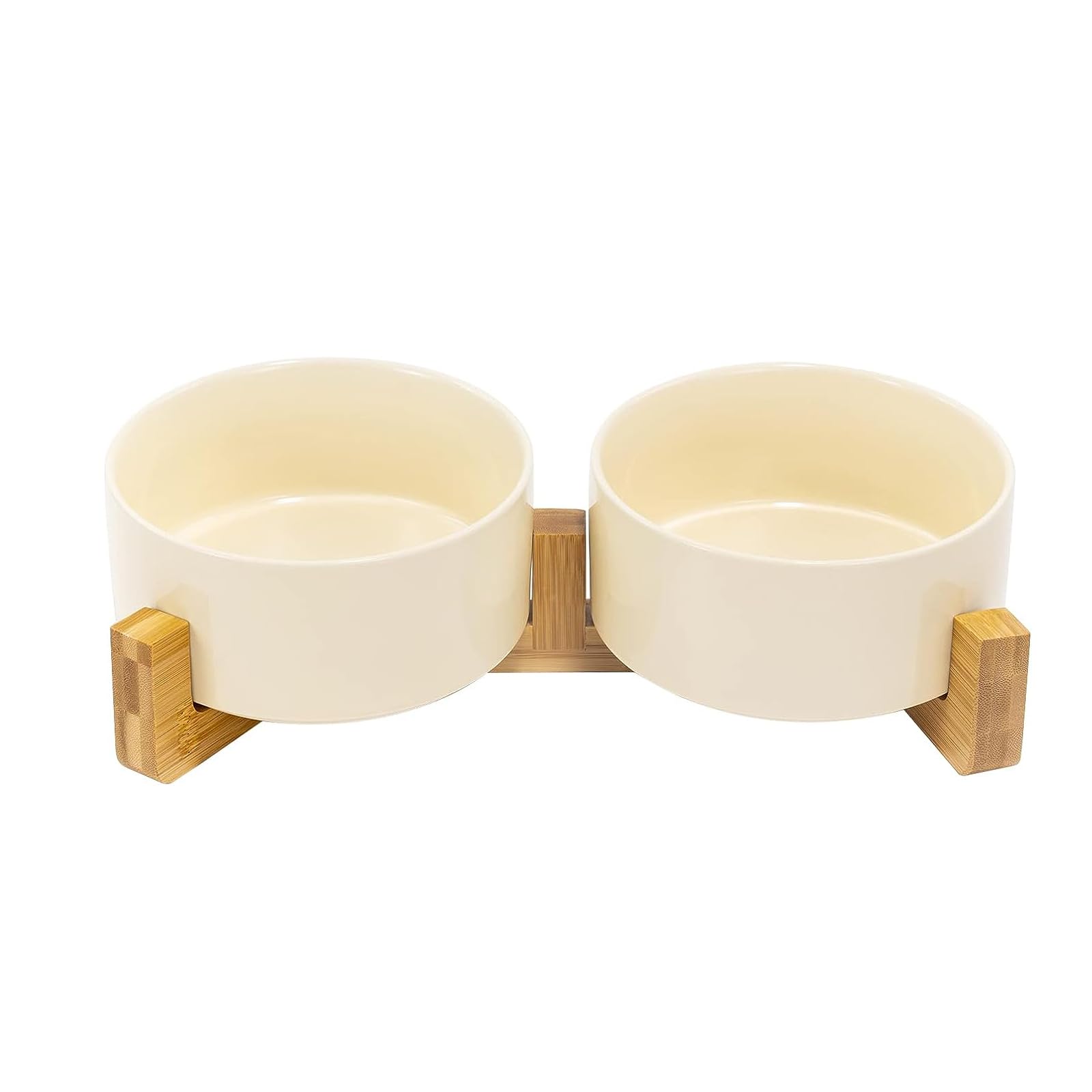 SPUNKYJUNKY Ceramic Dog and Cat Bowl Set with Wooden Stand, Modern Cute Weighted Food Water Set for Small Size Dogs (13.5OZ) & Medium Sized Dogs (28.7OZ) & Cats (3.6 Cups, 2 × Beige)