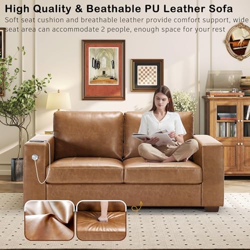 Image of Hanherry Faux Leather 70 inch Sofa for Living Room, Modern Comfy Sofa with Medium Firm Seat Cushion, Removable Cover,Wide Armrest,USB /Type-C Port,Couches for Small Space,Apartment