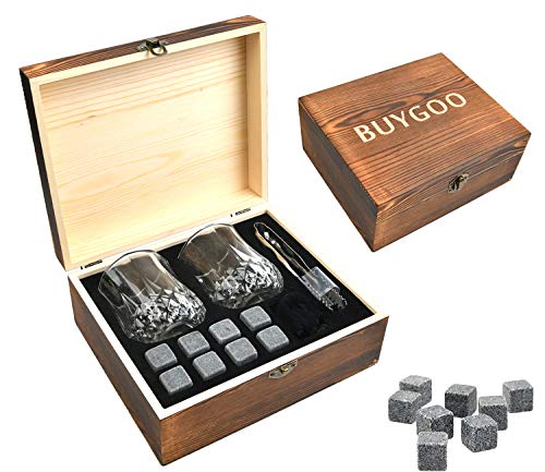 BUYGOO Whiskey Stones and Whiskey Glass Gift Boxed Set, 8 Granite Chilling Whisky Rocks, 2 Glasses in Wooden Box, Great Gift for Father\'s Day, Dad\'s Birthday or Anytime For Dad, Including Ice Tongs