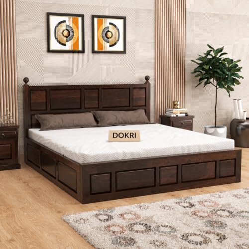 Image of Furniture Sheesham Wood King Size Bed with Storage Box | Wooden Box Bed King Size Double Cot Bed with Storage for Bedroom | Premium Lattu Design Headboard Bed for Living Room | Walnut Finish