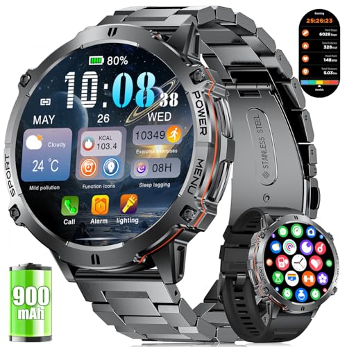 LIGE Smart Watch for Men Military with 900mAh Battery, 1,73’' AMOLED Ultra Screen 3ATM Fitness Watch with Compass Barometer, 110+ Sport Modes, Heart Rate/Sleep Monitor Pedometer for Android iOS Black