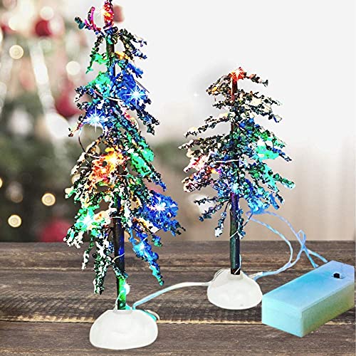 LED Christmas Decoration Trees - Set of 2 LED Lighted Tabletop Xmas Tree Pair for Holiday Village House Display Crafting Projects - Colorful Lights - Battery Operated