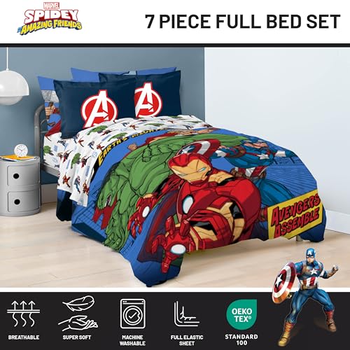 Image of Jay Franco Kids Bed Set, Blue, Avengers, 7 Piece Full | Cozy Soft Bedding for Stylish Room Decor with Comforter, Sheets & Pillow Covers