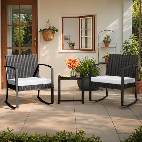 Image of Greesum 3 Pieces Outdoor Furniture Set Patio Bistro Rocking Chairs with Glass Coffee Table for Pool Beach Backyard Balcony Porch Deck Garden, White