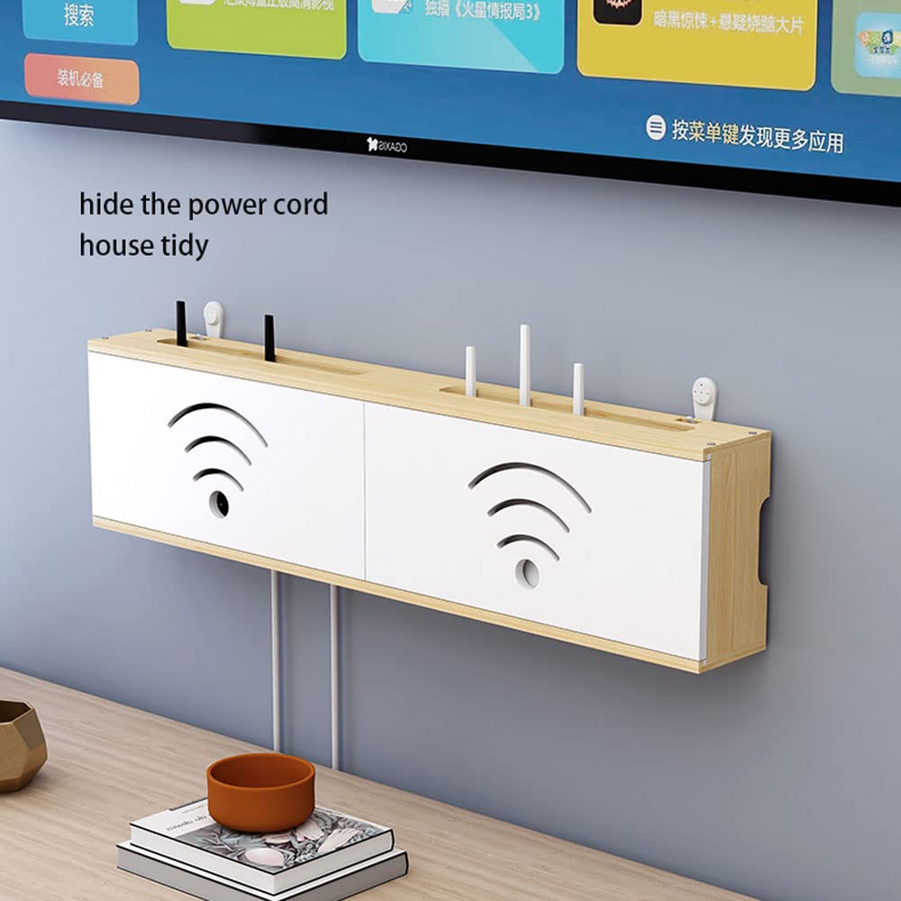 XINBALOVE WiFi Router Aufbewahrungsbox Router Verstecken Wandregal Massivholz Netzteil Licht Cat Plug Row Hub Board Finishing Aufbewahrungsbox- Walnut||40cm