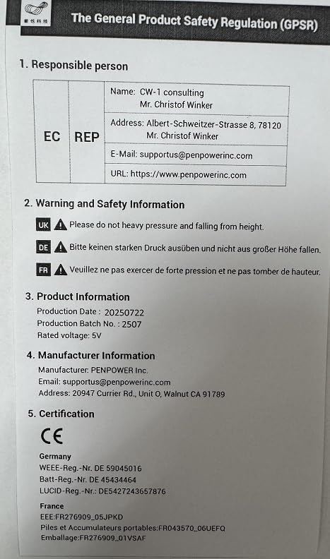 General Product Safety Regulation document for PenPower ePaper SignPad