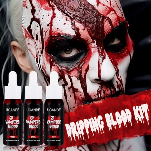 UCANBE Kit de Maquiagem de Sangue Falso para Halloween com 3 Peças, Gotas de Sangue Realistas, Pintu