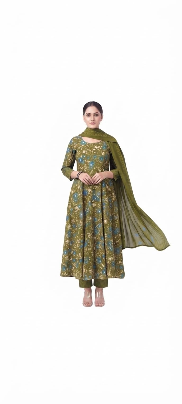 Green Floral Print Anarkali Kurta Set with Dupatta XL size-image-21