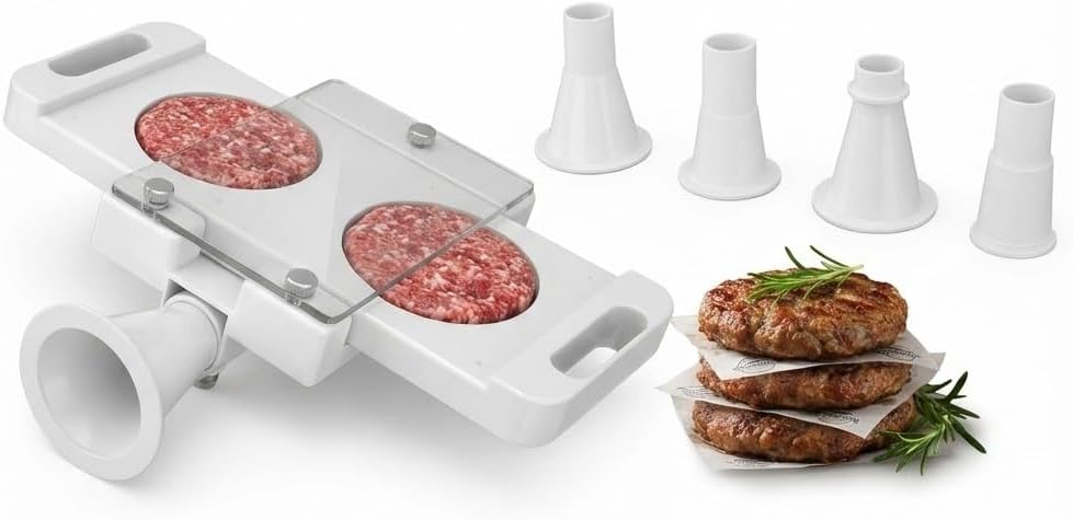 Hamburger Press Patty Maker Burger Patty Maker with Two Holes Premium Plastic Material Smooth Non Stick Holding 150g Meat Stuffer for Meat Mincers Sausage Fillers Grinders
