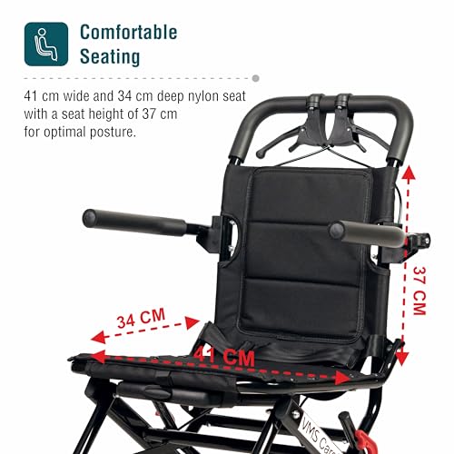 Image of VMS Careline Airlite Lightweight Foldable Travel Wheelchair for Elderly & Patients | Ultra-Light 8.2kg Portable Steel Frame | Attendant Brake, Adjustable Seat Belt & Carry Bag | Compact Transit Wheelchair | 100kg Capacity
