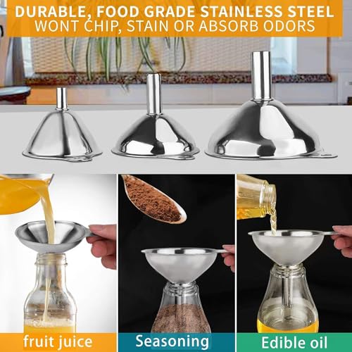 Image of Stainless Steel Funnels Set 3 Pcs - Food Grade Metal Mini Kitchen Funnels with 2 Cleaning Brushes, Small Funnels for Liquid, Oil, Spice & Powder Transfer, Narrow Mouth Nozzles