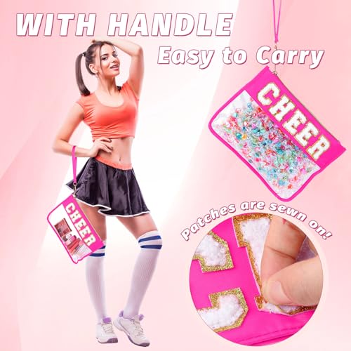 Kacctyen 6 Pcs Cheer Bags Chenille Letter Makeup Bag Cheer Gifts for Stuff Cheerleader, Rose Red Clear Zipper Pouch Cosmetic Toiletry Pouch with Handle for Women Girls Gym Beach Travel(Rose Red,Cheer)3