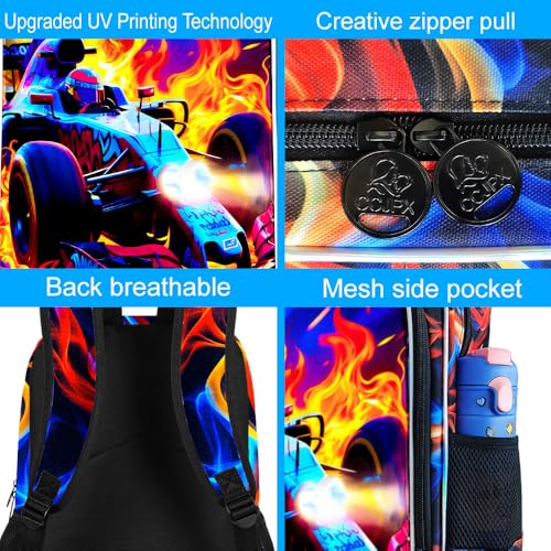 Image of 3Pcs Race Car Backpack, Boys Kids Bookbag with Lunch Box, 17 inch School Backpacks for Elementary Preschool Kindergarten (Fire Red)