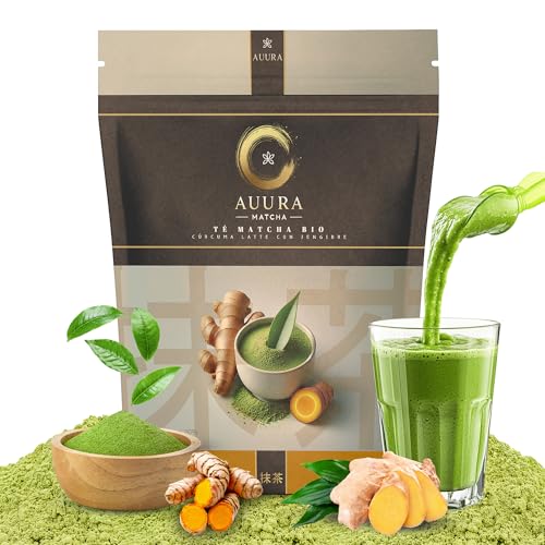 AUURA MATCHA® - Te Matcha En Polvo PREMIUM cúrcuma y jengibre 100gr - Te Verde Japonés Para Infusiones - Matcha Tea 100% Natural y Orgánico - Rico En Antioxidantes