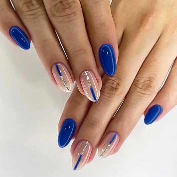 RikView Almond Press on Nails Medium Fake Nails Blue Nails Glossy Nails for Women 24 PCs/Set